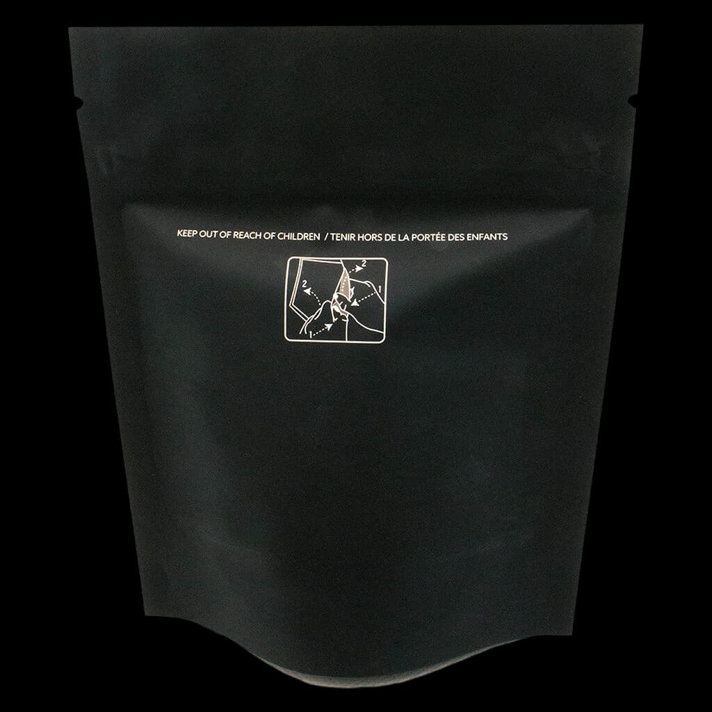 Simple Pleasures Watermelon Zkittlez cannabis dried flower in black resealable pouch with child safety warning