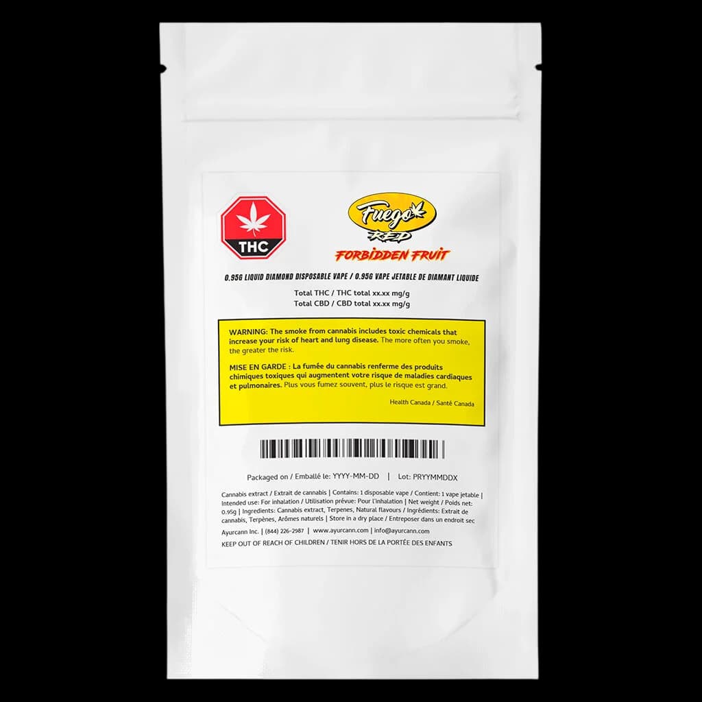 Fuego Forbidden Fruit 0.5g Liquid Diamond disposable vape cartridge packaging with THC warning label