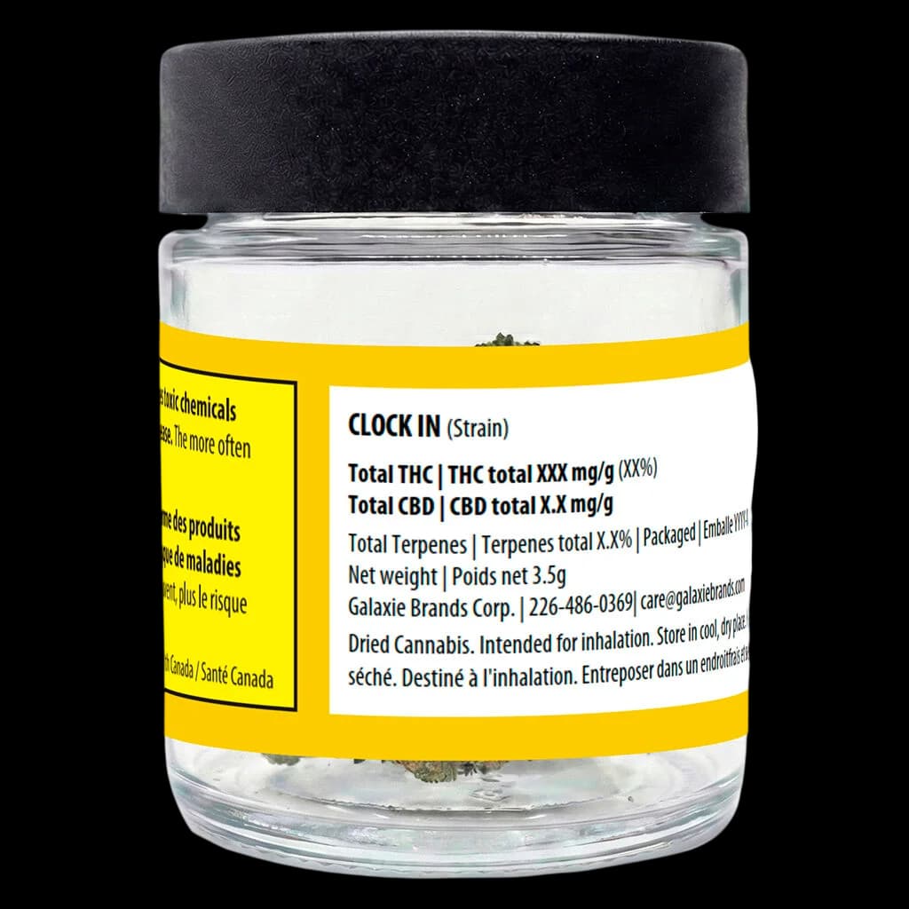 Clock In dried cannabis flower by Galaxie Brands, 3.5g glass jar with yellow label showing strain name and THC potency