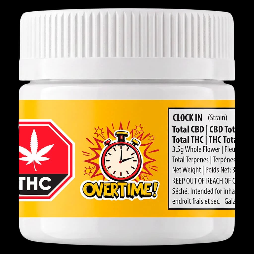 Pot de fleurs séchées Clock In d'Overtime, 3,5 g, emballage jaune et rouge avec graphique de chronomètre