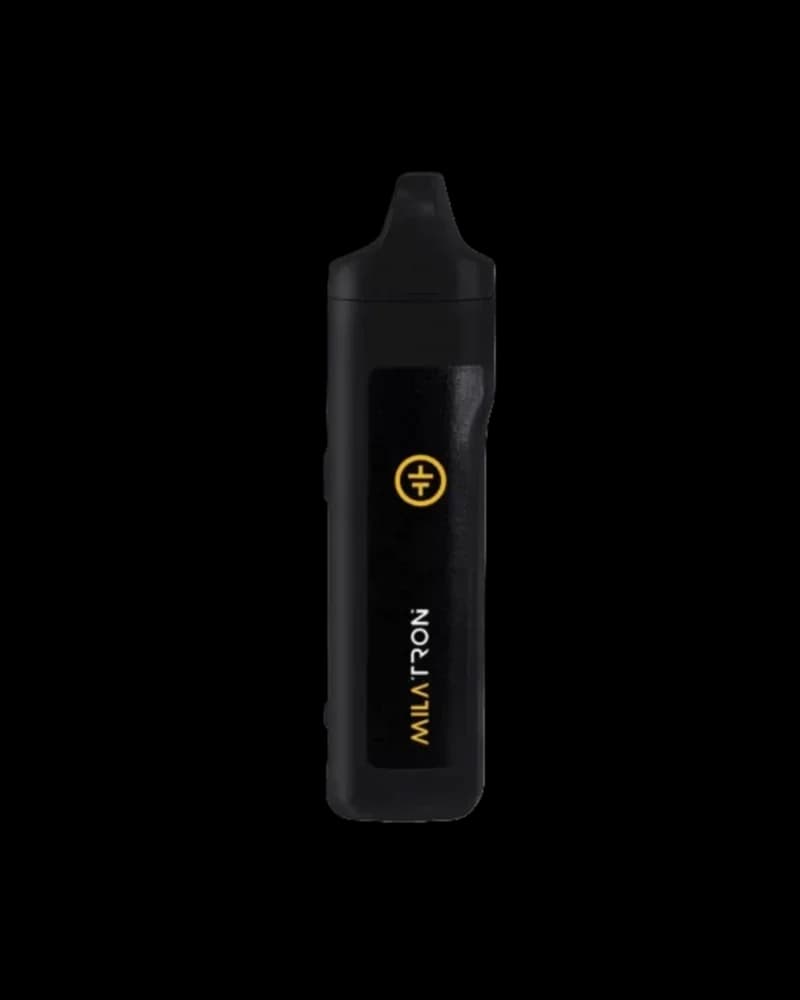 Vaporisateur portable Milatron noir avec logo croix dorée et texte de marque doré