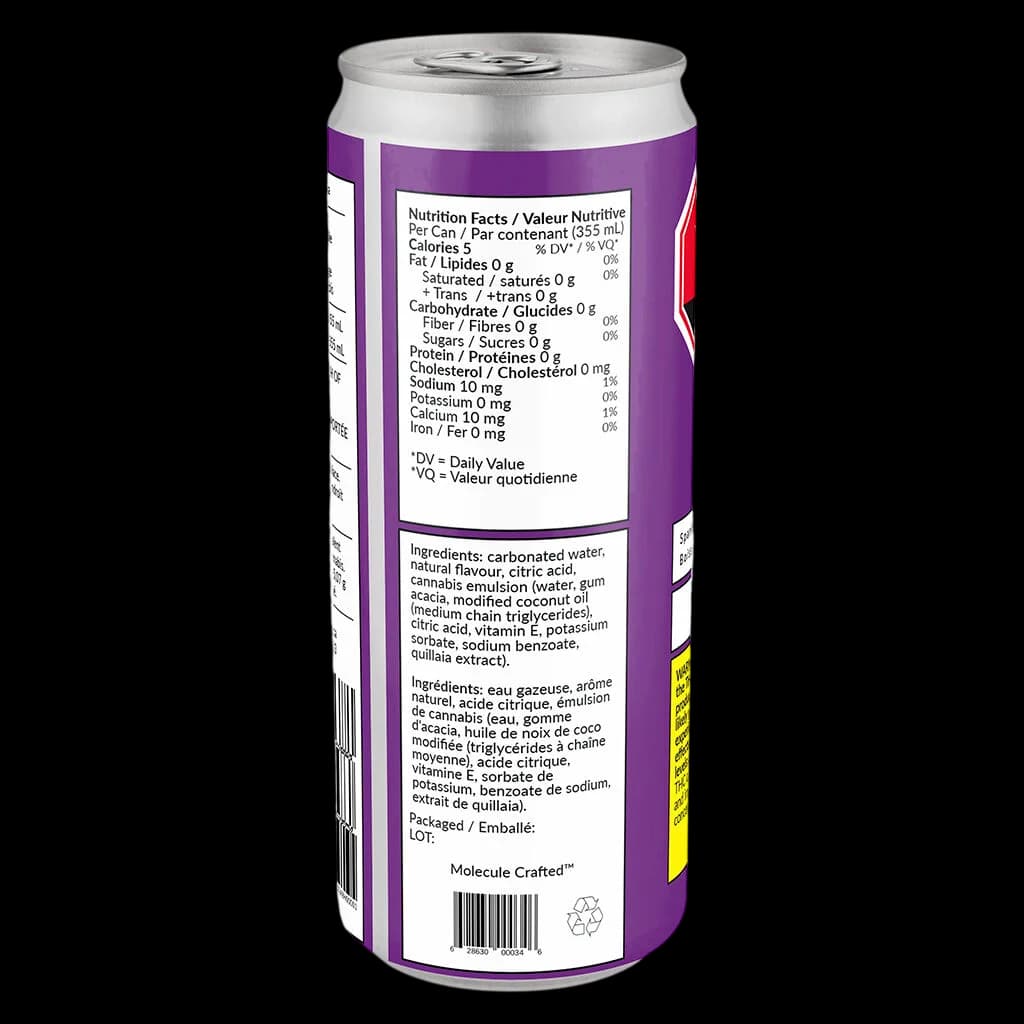 Molecule Crafted cannabis beverage can, 355mL, grape flavor, rear panel showing nutrition facts and ingredients