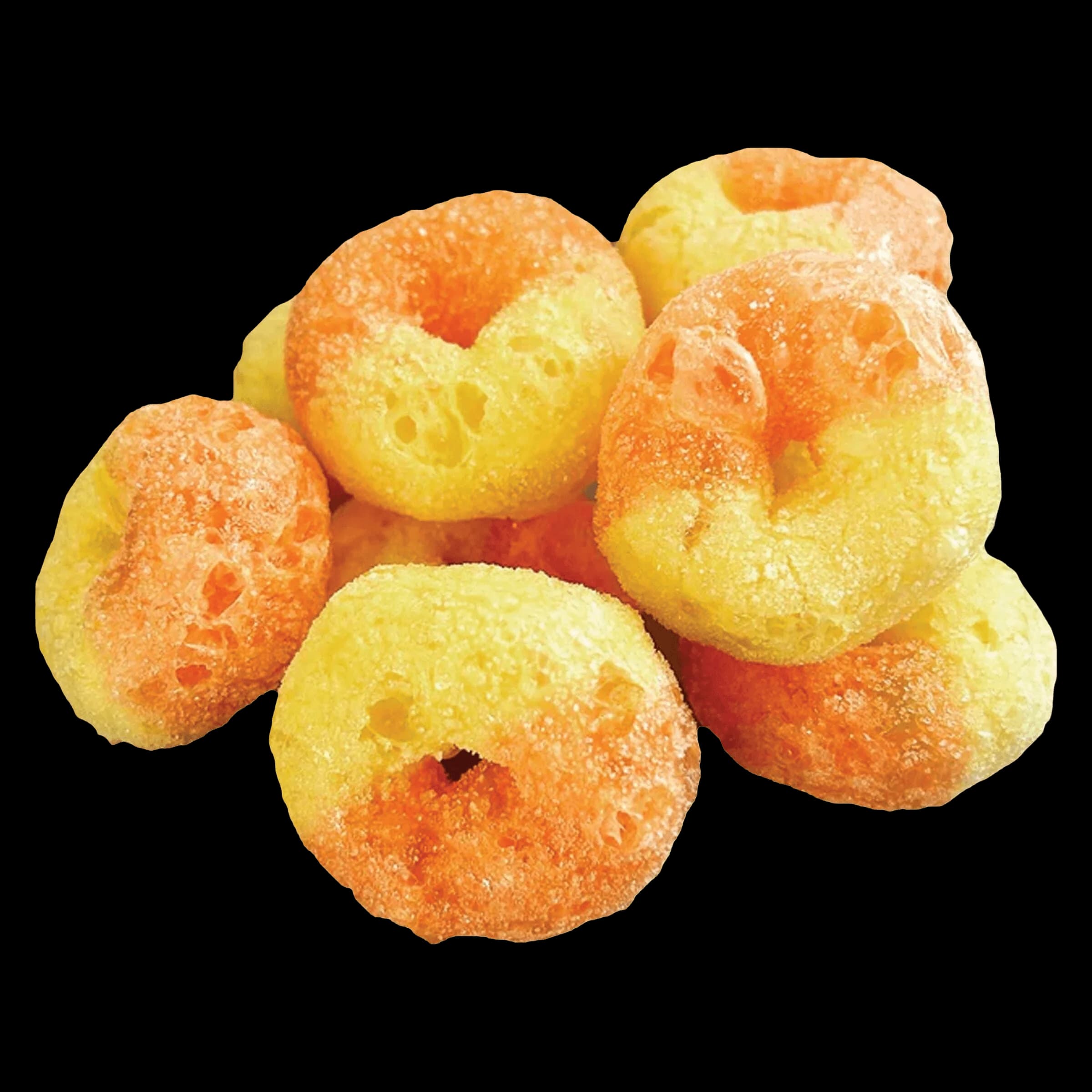 Friandises moelleuses A-Ha! Rosin Ringz lyophilisées avec enrobage de sucre jaune et orange et centres creux