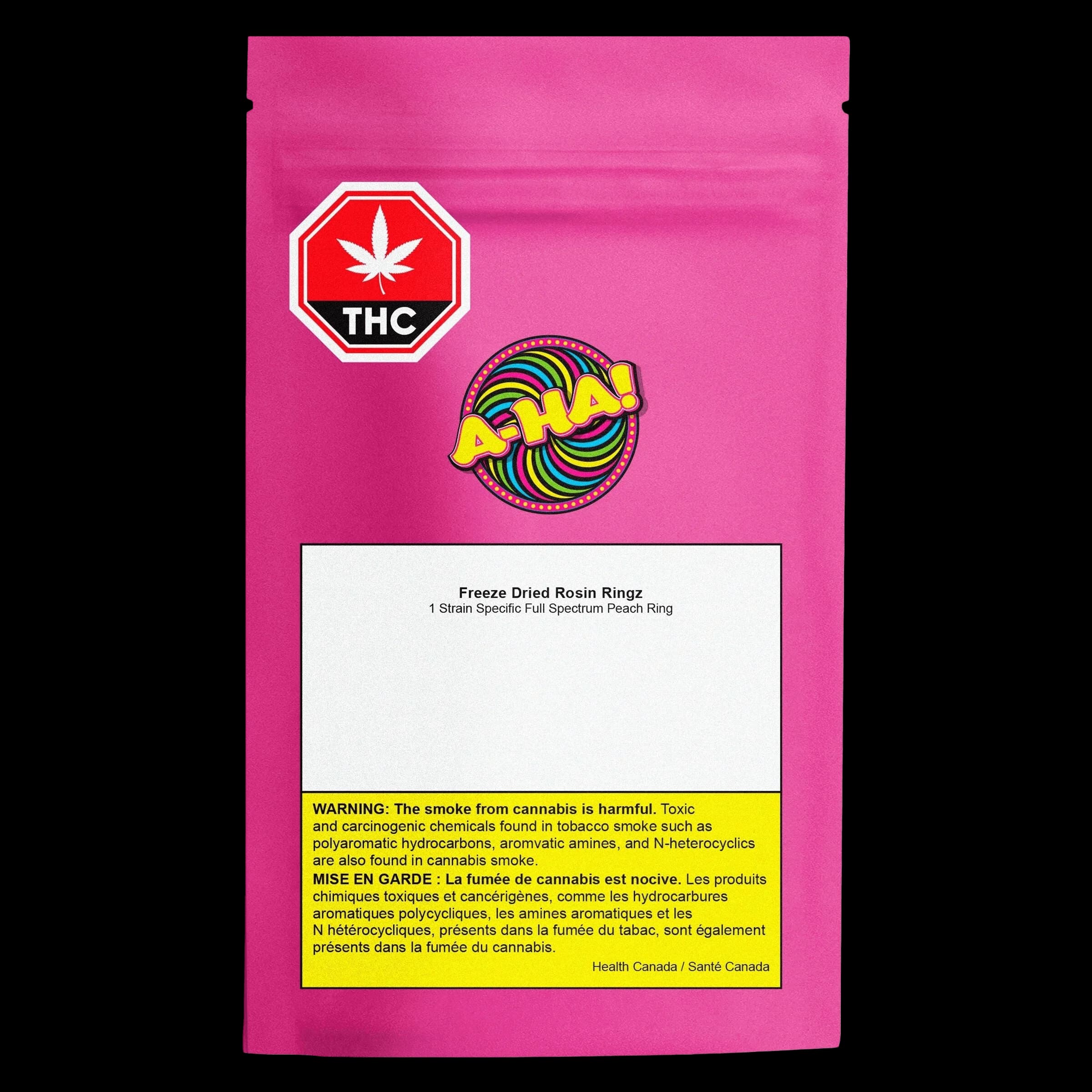 Emballage de bonbons tendres au cannabis Freeze Dried Rosin Ringz, pochette rose avec le logo A-Ha! et le symbole d'avertissement THC