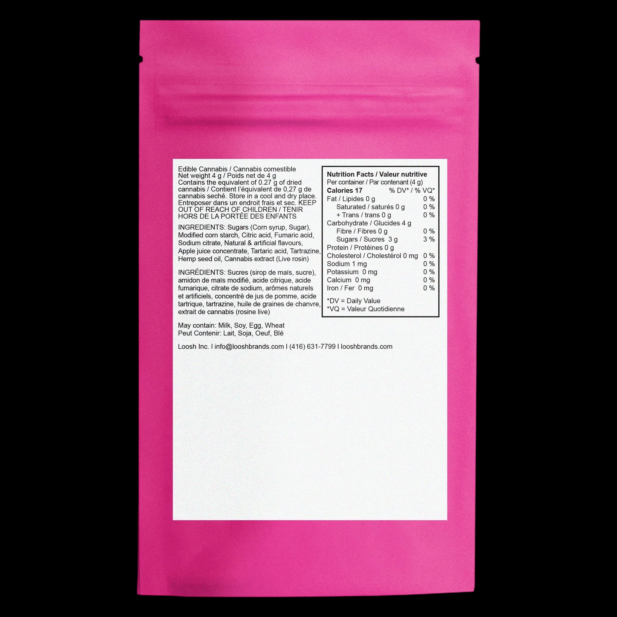 A-Ha! Freeze Dried Rosin Ringz 4g edible cannabis package, rear label showing ingredients and nutrition facts