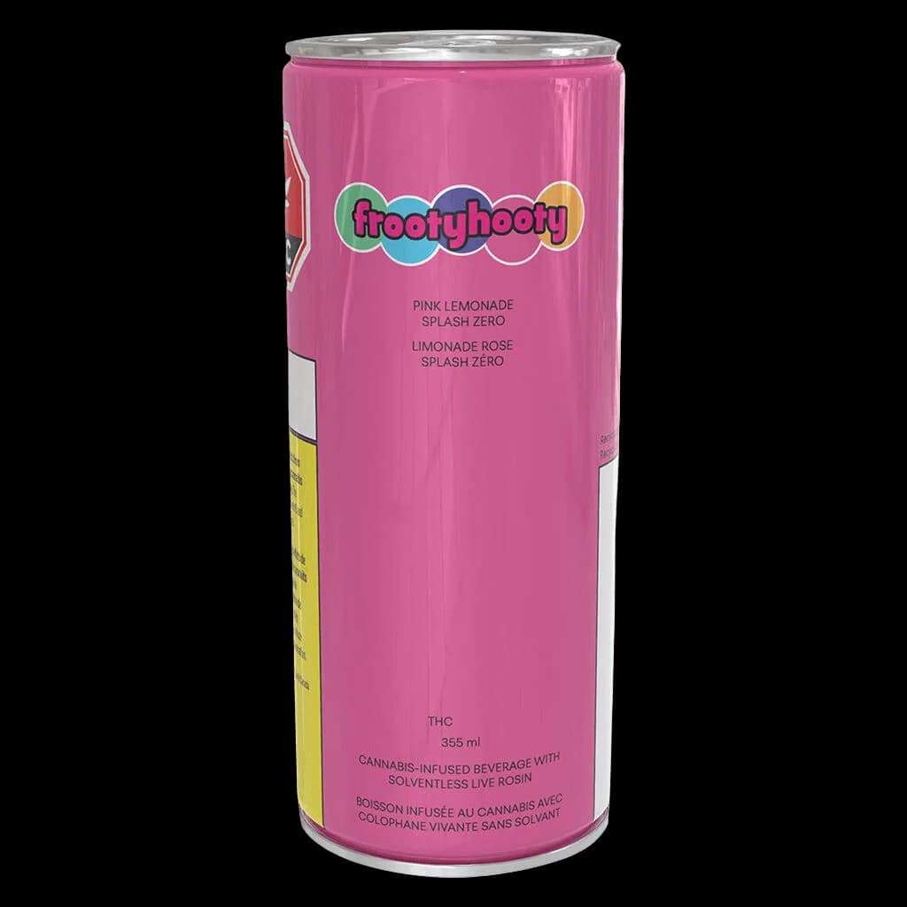Frootyhooty Pink Lemonade Splash Zero cannabis beverage, 355ml can with pink label and colorful logo
