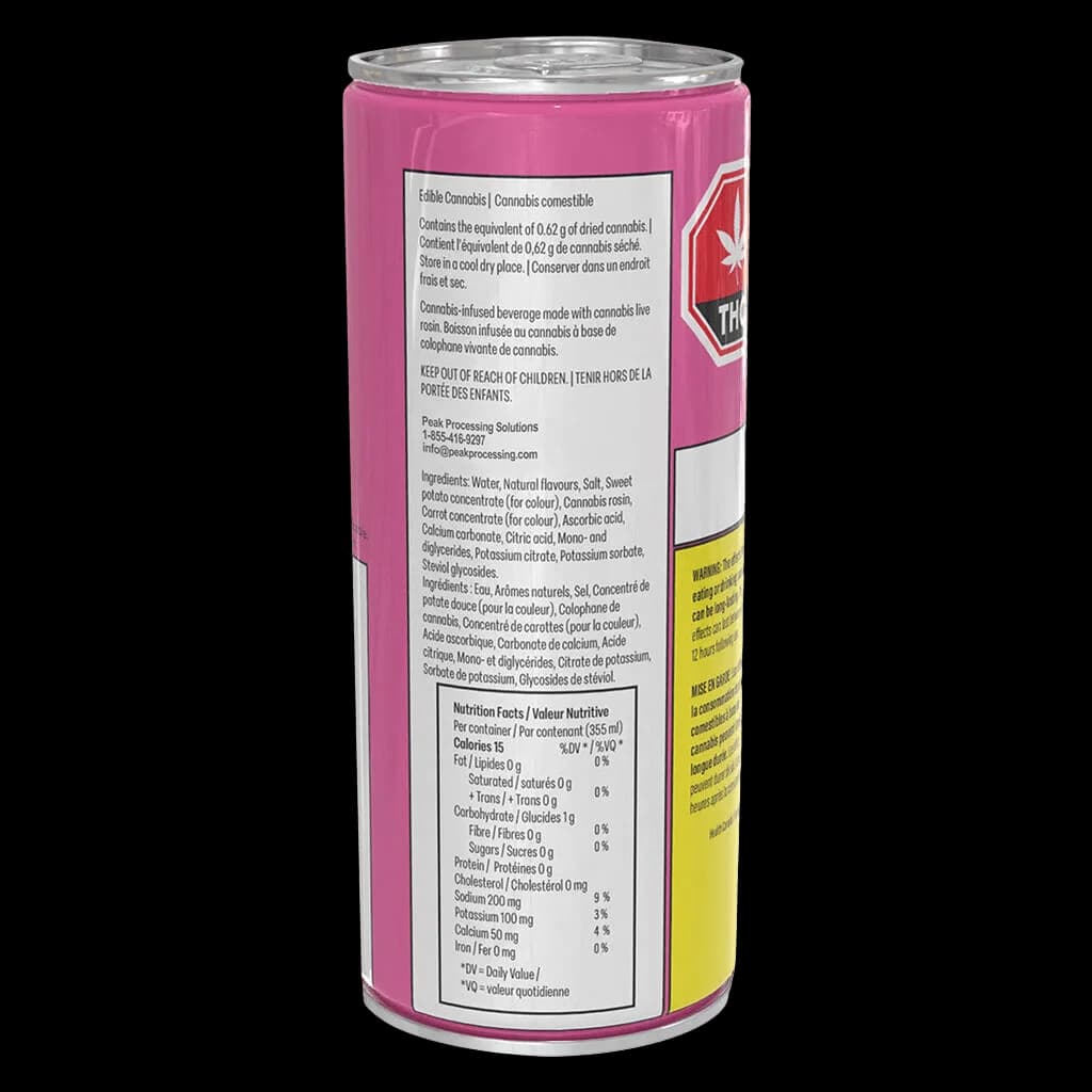 Frootyhooty Pink Lemonade Splash Zero cannabis beverage can, 355ml, rear label showing ingredients and nutrition facts