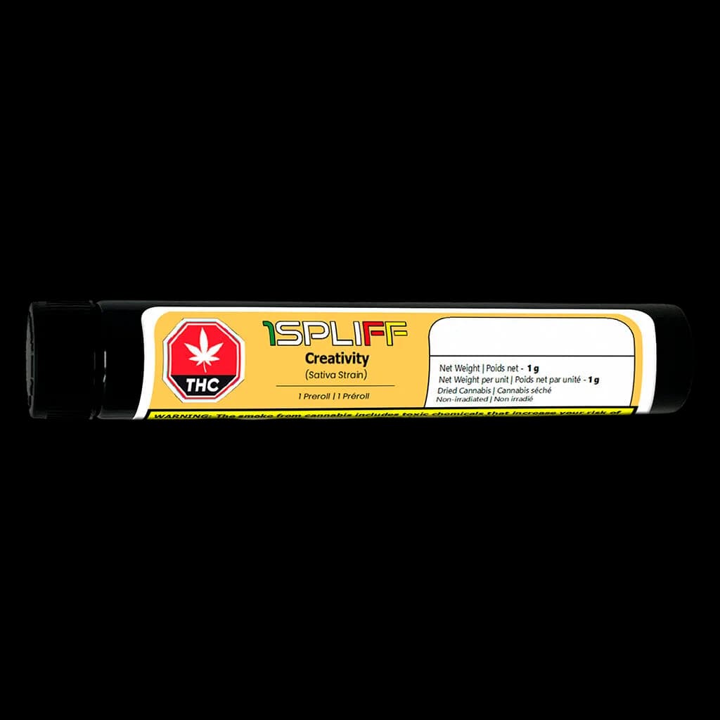 1Spliff Creativity pre-roll, 1g sativa strain single pre-roll in black tube with yellow and red label