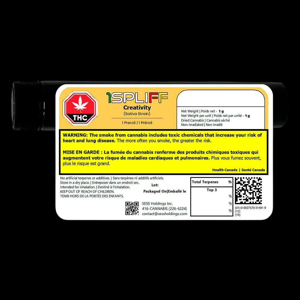 1Spliff Creativity pre-roll 1g, sativa strain, single pre-roll in black tube with yellow packaging label