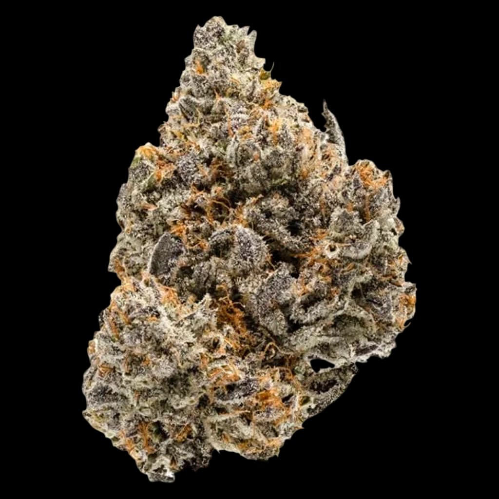Cannabis dried flower with dense, crystalline trichomes and grey-green coloration with amber pistils