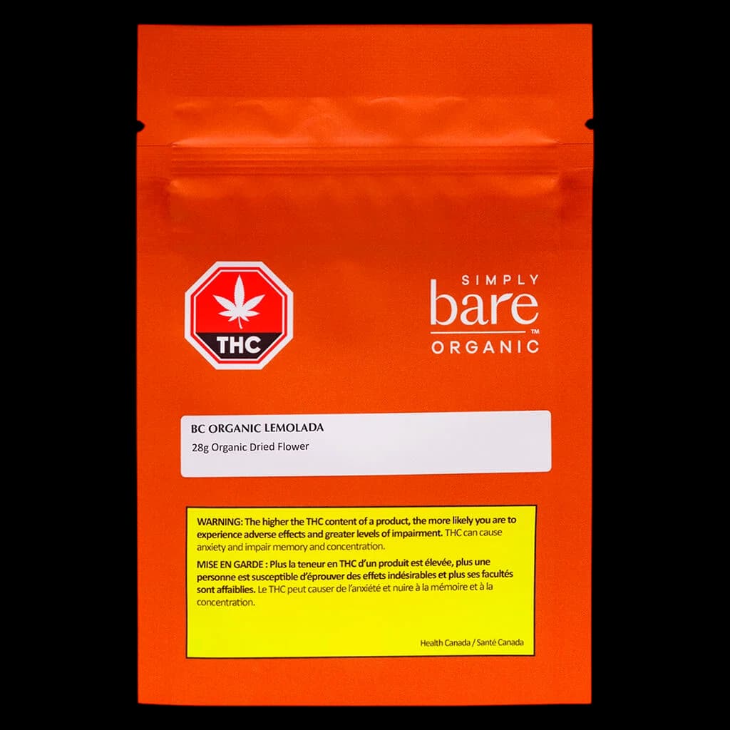 Simply Bare Organic BC Organic Lemolada 28g dried flower package with red pouch design and THC logo