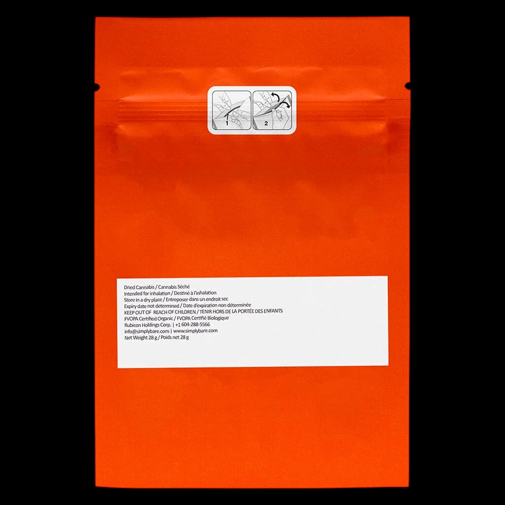 Bright orange cannabis pouch with instruction icons and regulatory text panel, 28g net weight