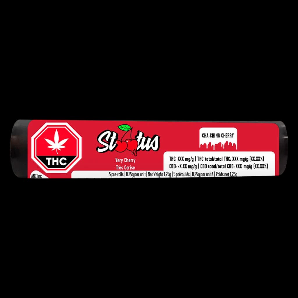 Status Cha-Ching Cherry pre-roll pack, 5-pack 0.25g per unit, red packaging with THC warning symbol and cherry graphic