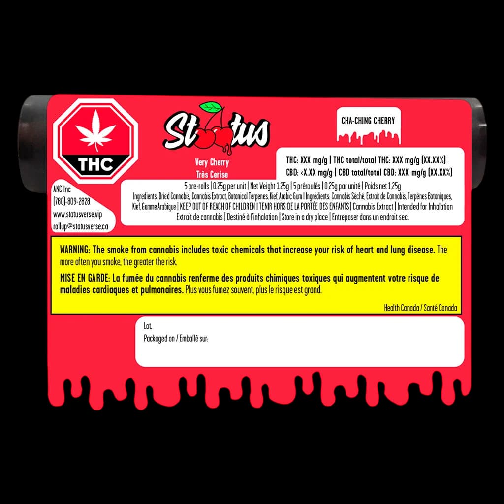 Status Cha-Ching Cherry pre-roll pack, 5-pack 0.25g per unit, red packaging with THC warning label and Health Canada warning