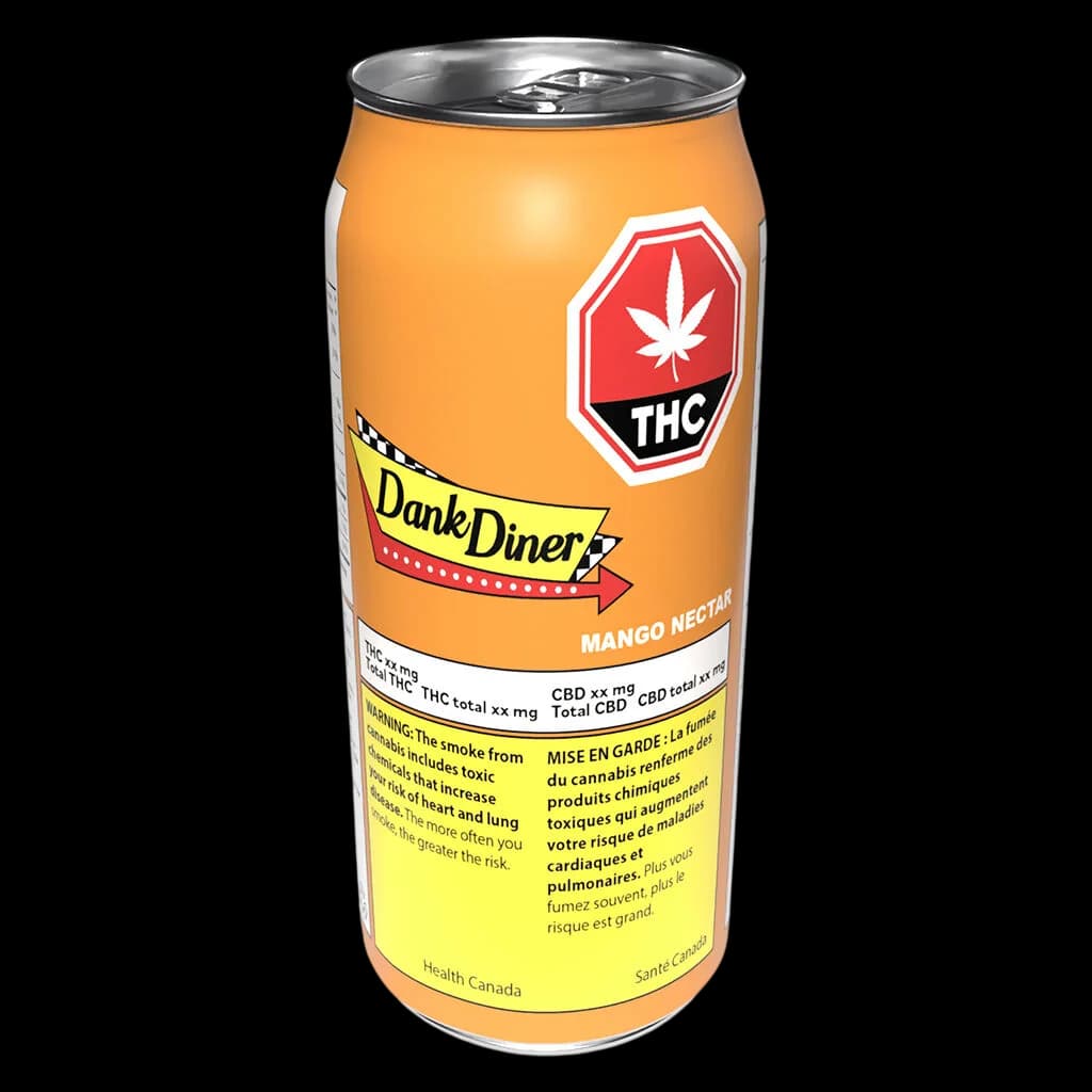 Dank Diner Mango Nectar cannabis beverage can with orange label, THC warning symbol, and yellow Health Canada warning band