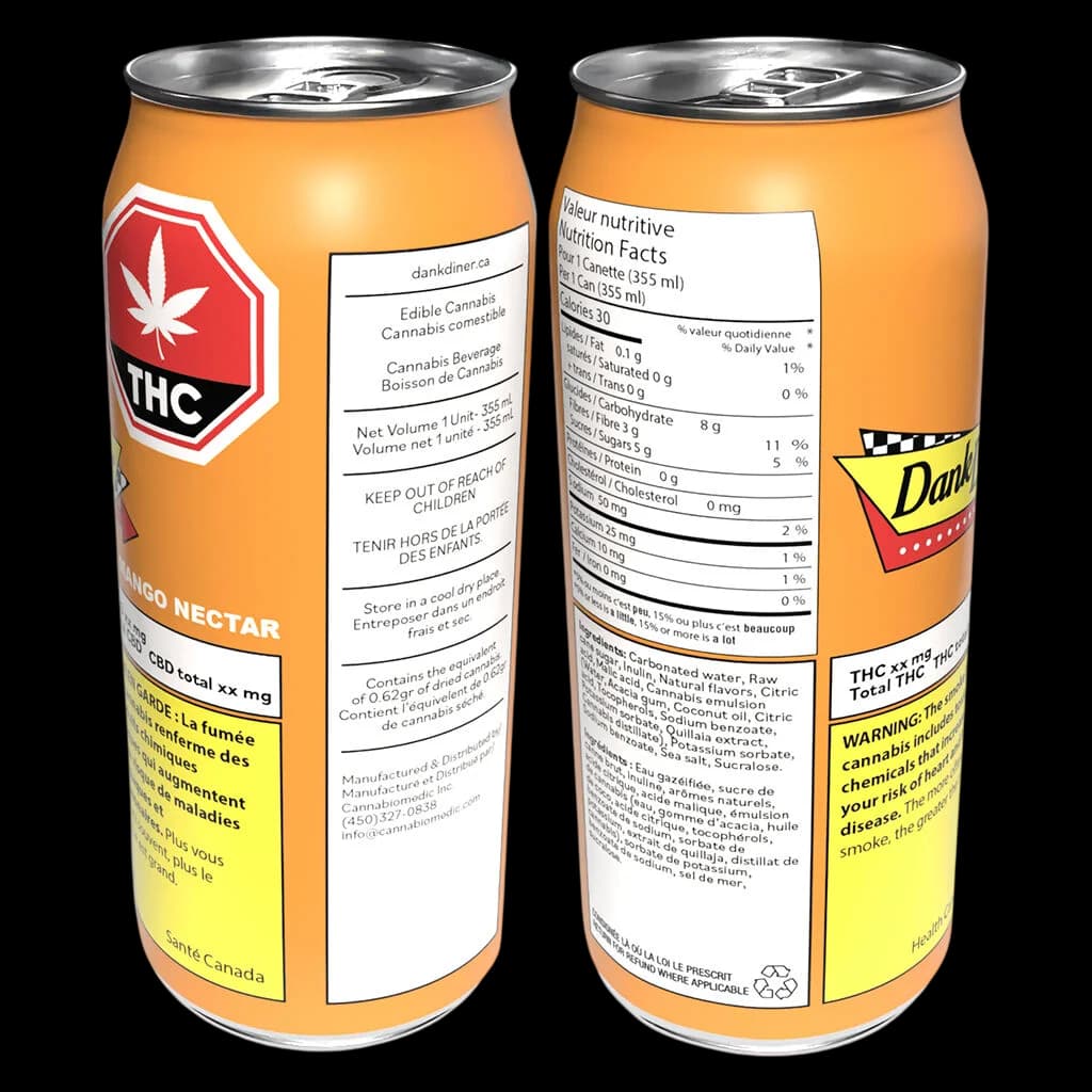 Dank Diner Mango Nectar 355ml cannabis beverage can, front and back view showing THC warning label and nutrition facts