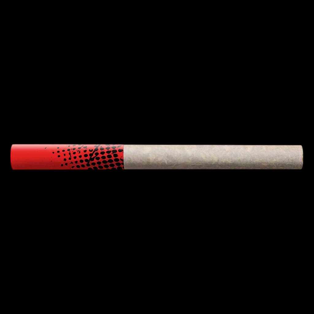 Big Bag O' Buds GMO Kush pre-roll with red and black speckled paper tube and natural rolling paper