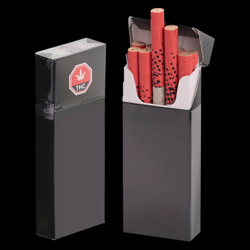 Big Bag O' Buds GMO Kush pre-roll pack with red paper tubes and black speckled pattern, displayed open and closed
