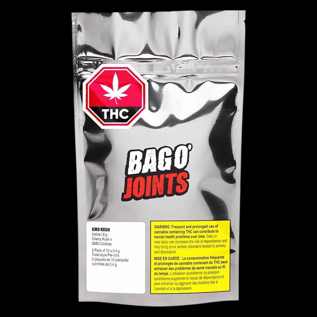 Bago Joints GMO Kush pre-roll pack, 2-pack of 0.4g tube-style pre-rolls with red THC warning label