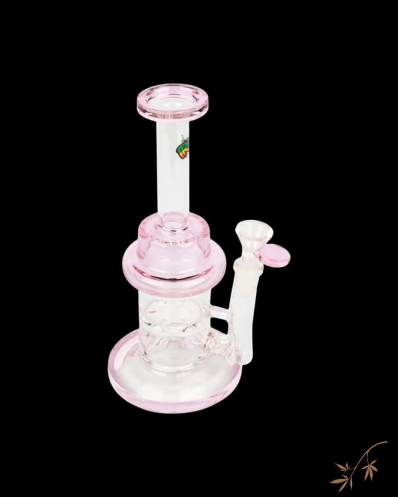 Bubbler Chalice iRie avec percolateur turbine, 9 pouces de hauteur, verre transparent avec accents roses et logo feuille