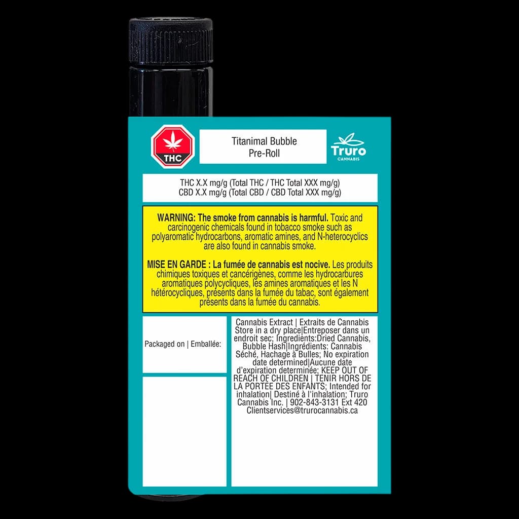Extrait de cannabis Truro Titanimal Bubble Pre-Roll avec flacon noir et étiquette turquoise indiquant la teneur en THC et les avertissements de Santé Canada