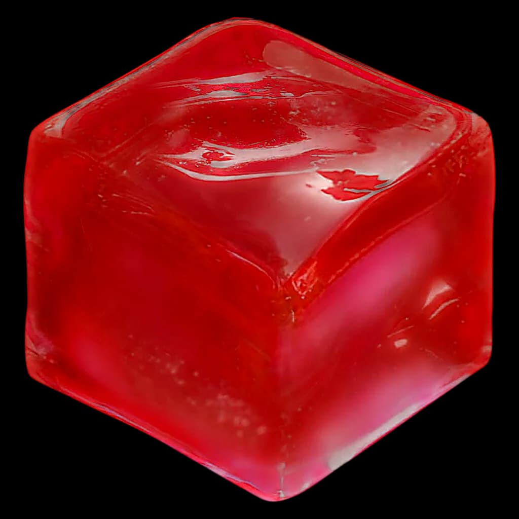 HiRock Cherry THC hard edible, translucent red cube-shaped gummy against white background