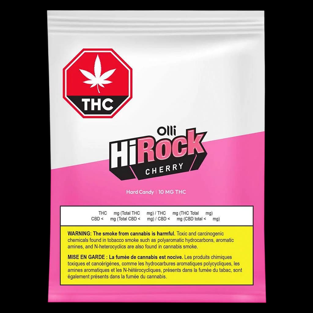 Olli HiRock Cherry hard candy package, 10 mg THC, with red THC warning symbol and yellow Health Canada warning label