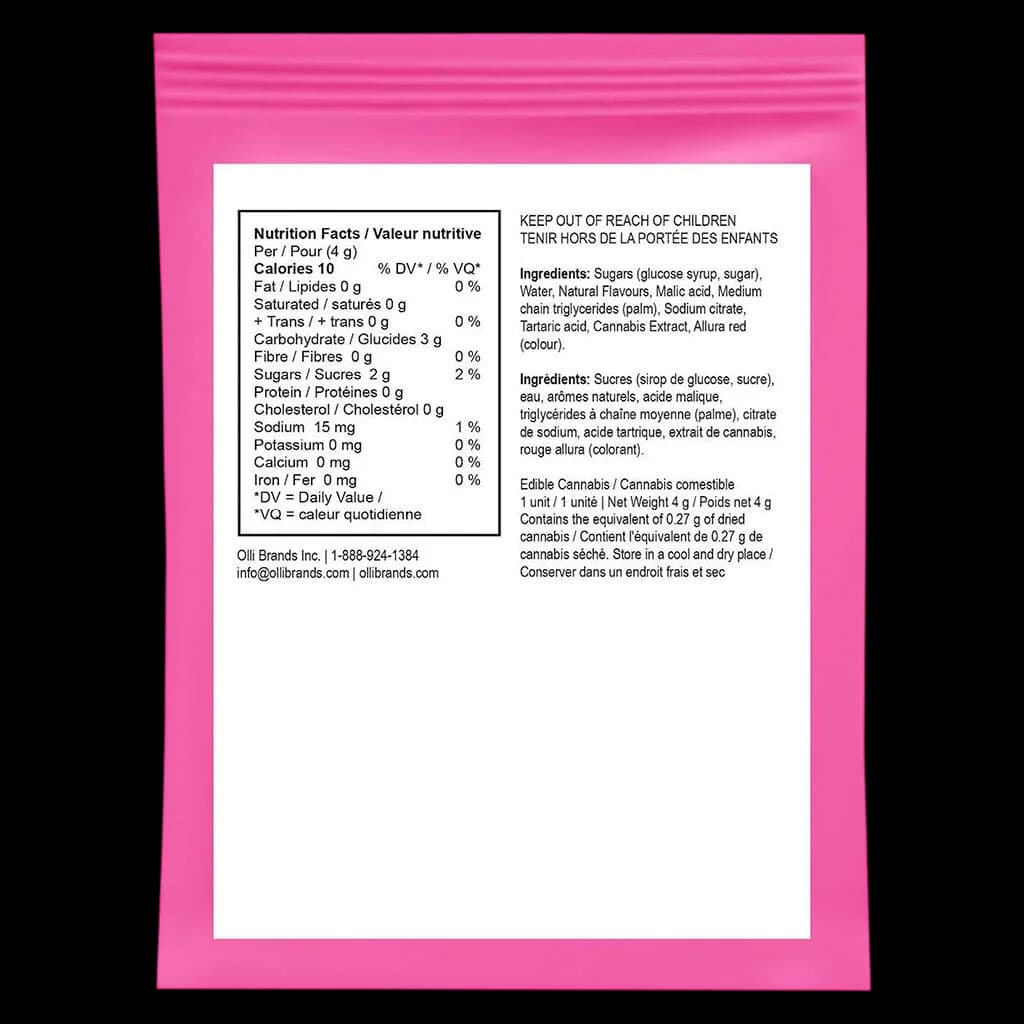 Back of HiRock Cherry THC edible gummy package showing nutrition facts, ingredients with cannabis extract, and storage instructions on pink packaging