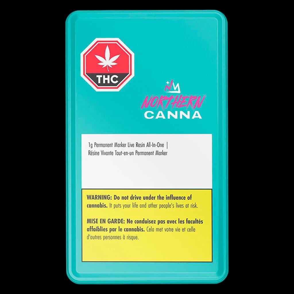 Northern Canna Permanent Marker 1g live resin all-in-one disposable vape pen with turquoise packaging and THC warning symbol
