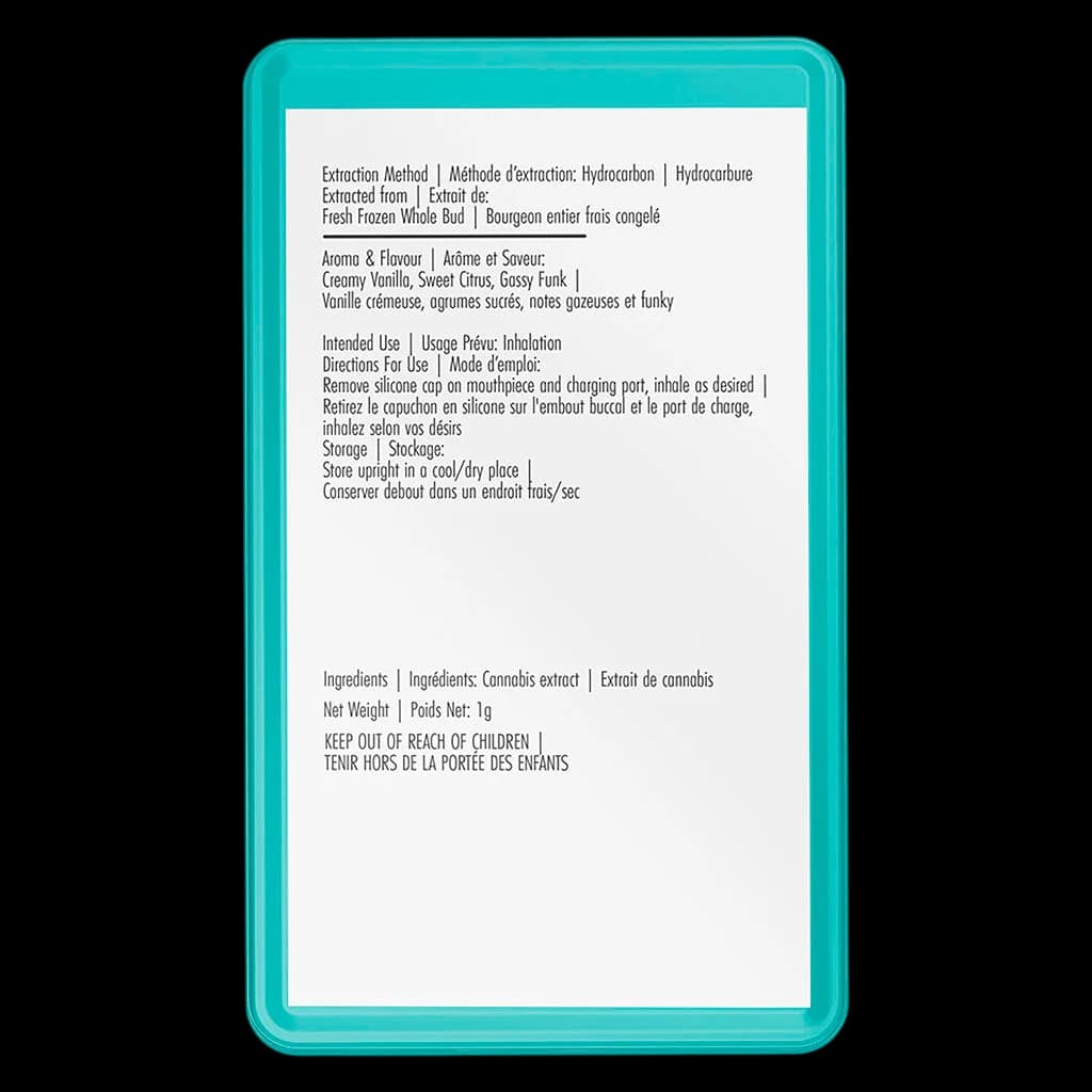 Northern Canna Permanent Marker live resin disposable pen back label showing extraction method, aroma profile, usage instructions, and ingredients
