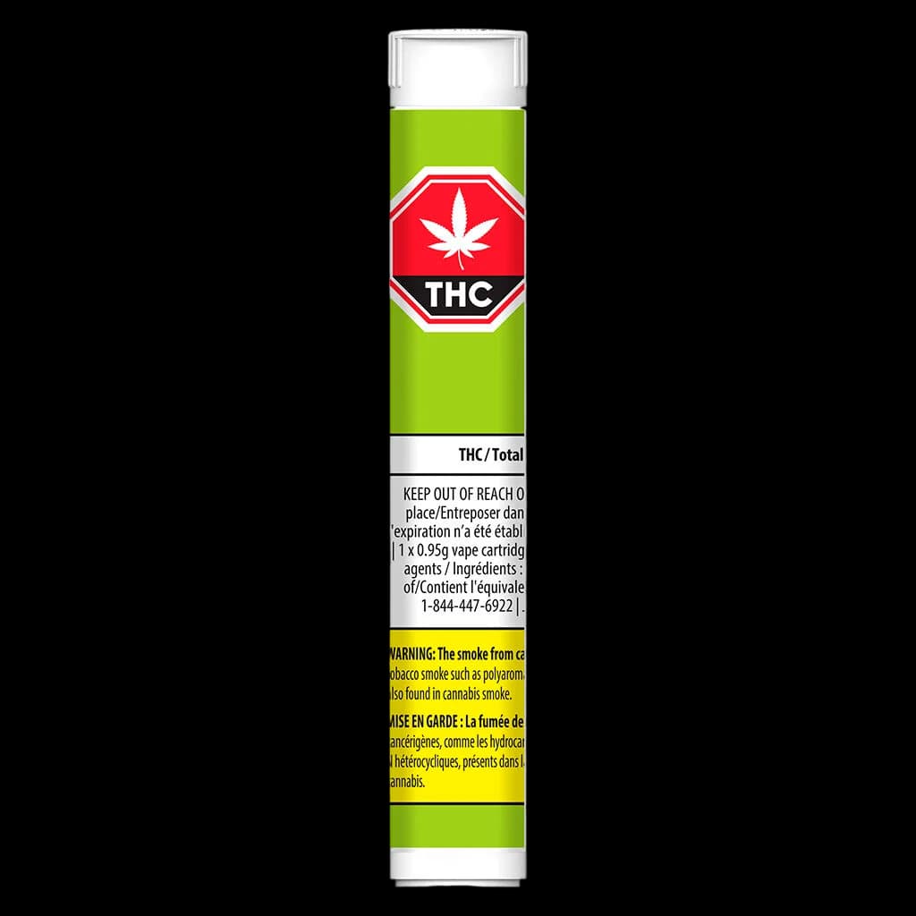 Cartouche de vapotage de cannabis Jays High Potency 95+ à filetage 510 avec emballage vert lime, symbole d'avertissement THC rouge et étiquette d'avertissement jaune de Santé Canada