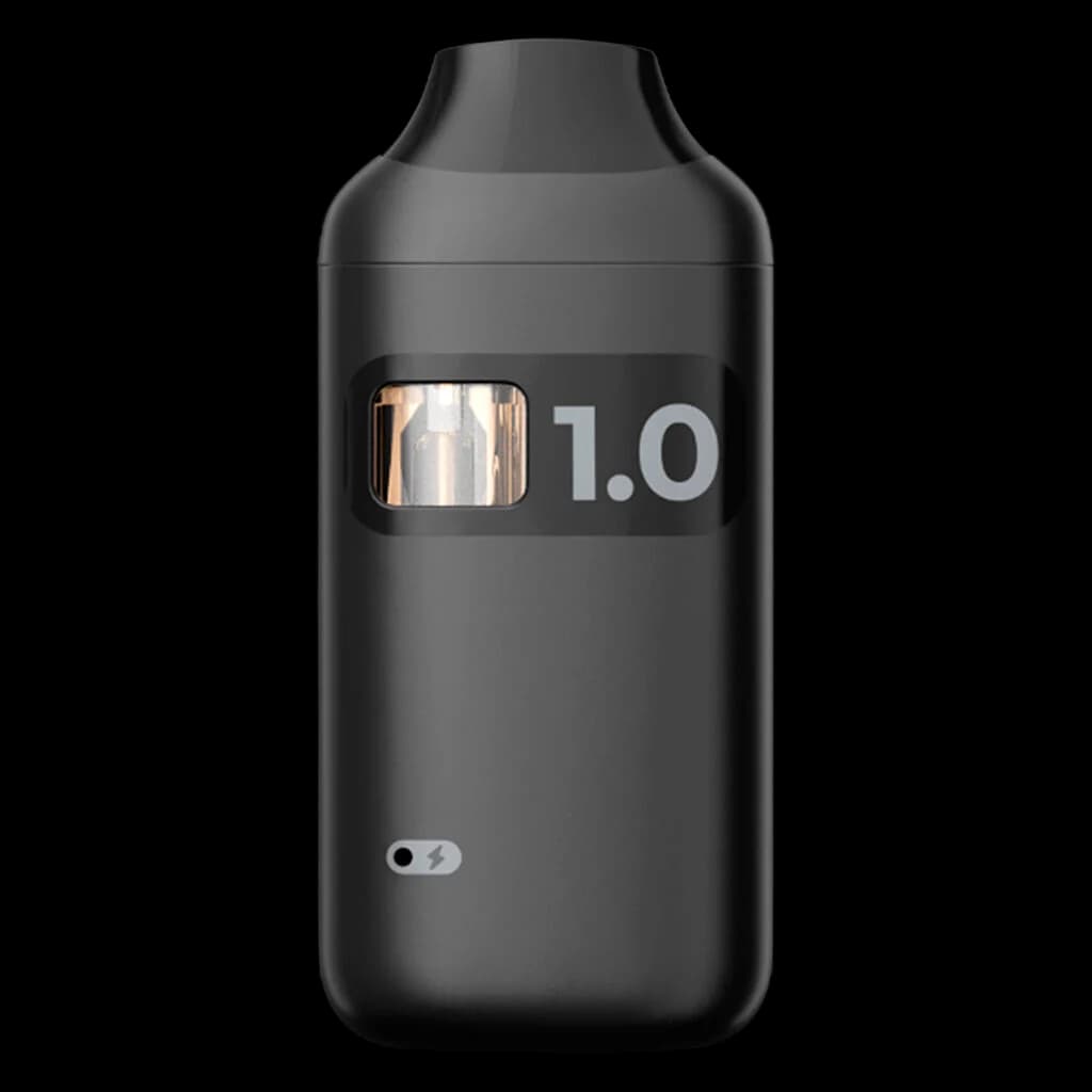 The Foundry Forged Gold Liquid Diamonds 1.0 vape cartridge, black device with visible chamber window