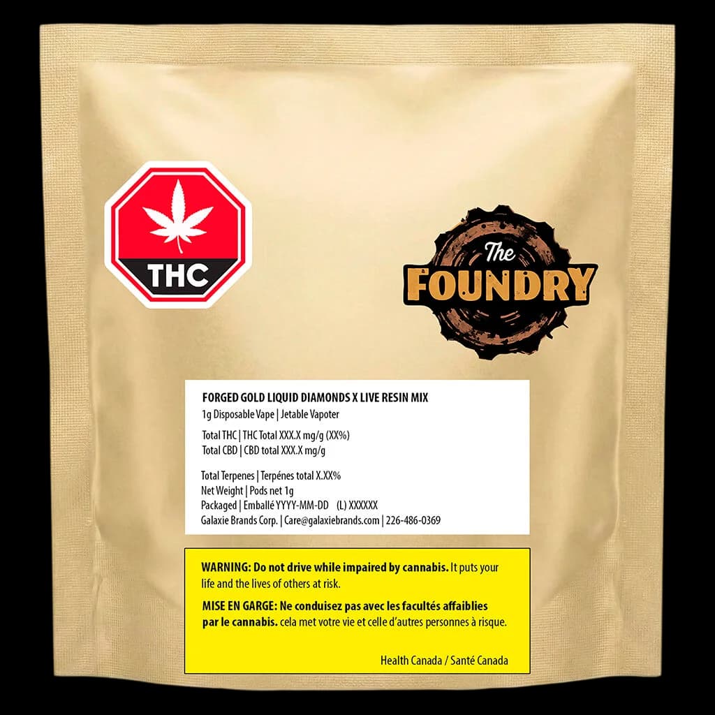The Foundry Forged Gold Liquid Diamonds X Live Resin Mix 1g disposable vape with THC warning symbol and Health Canada warning label on gold packaging