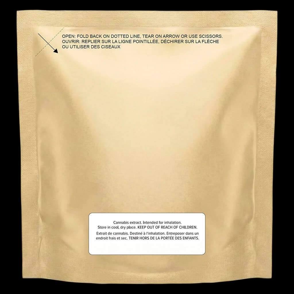 The Foundry Forged Gold Liquid Diamonds cannabis vape cartridge packaging, rear view showing opening instructions and storage warnings in English and French.
