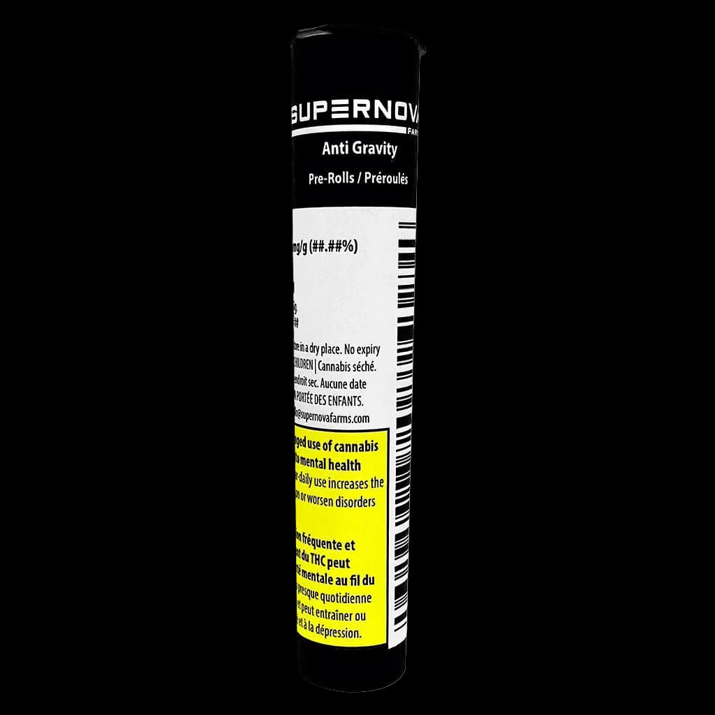 Emballage noir et blanc du préemballé Anti Gravity de Supernova Farms avec mise en garde de Santé Canada jaune visible