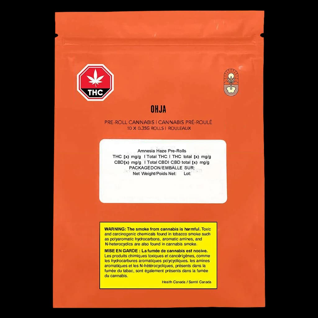 Paquet de 10 x 0,35 g de pré-roulés Amnesia Haze de OHJA avec logo rouge, symbole d'avertissement de THC et étiquette d'avertissement de Santé Canada