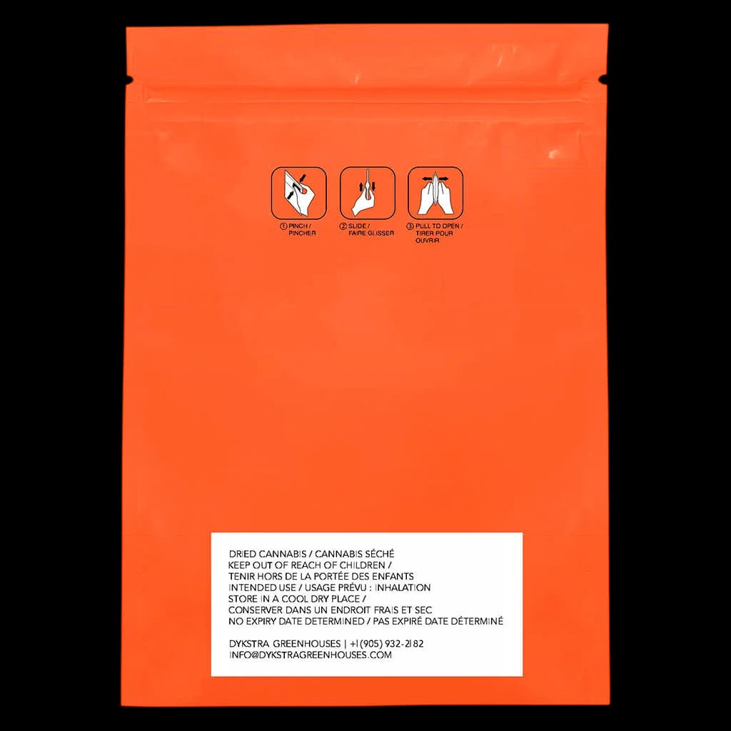 Pochette orange refermable avec instructions d'ouverture et texte réglementaire pour produit de cannabis séché