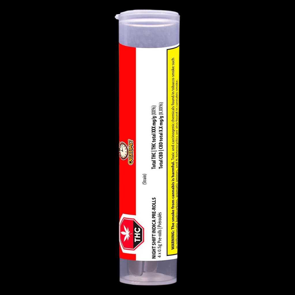 Paquet de pré-roulés Overtime Night Shift Indica, 4 x 0,5 g, emballage rouge avec étiquetage de la teneur en THC