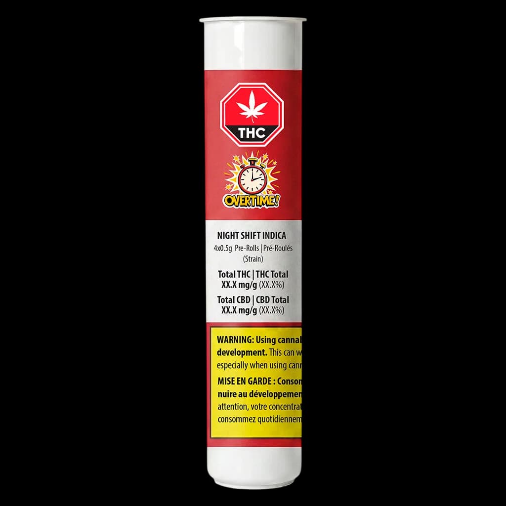 Quatre pré-roulés Night Shift Indica d'OVERTIME avec papiers naturels et embouts filtre