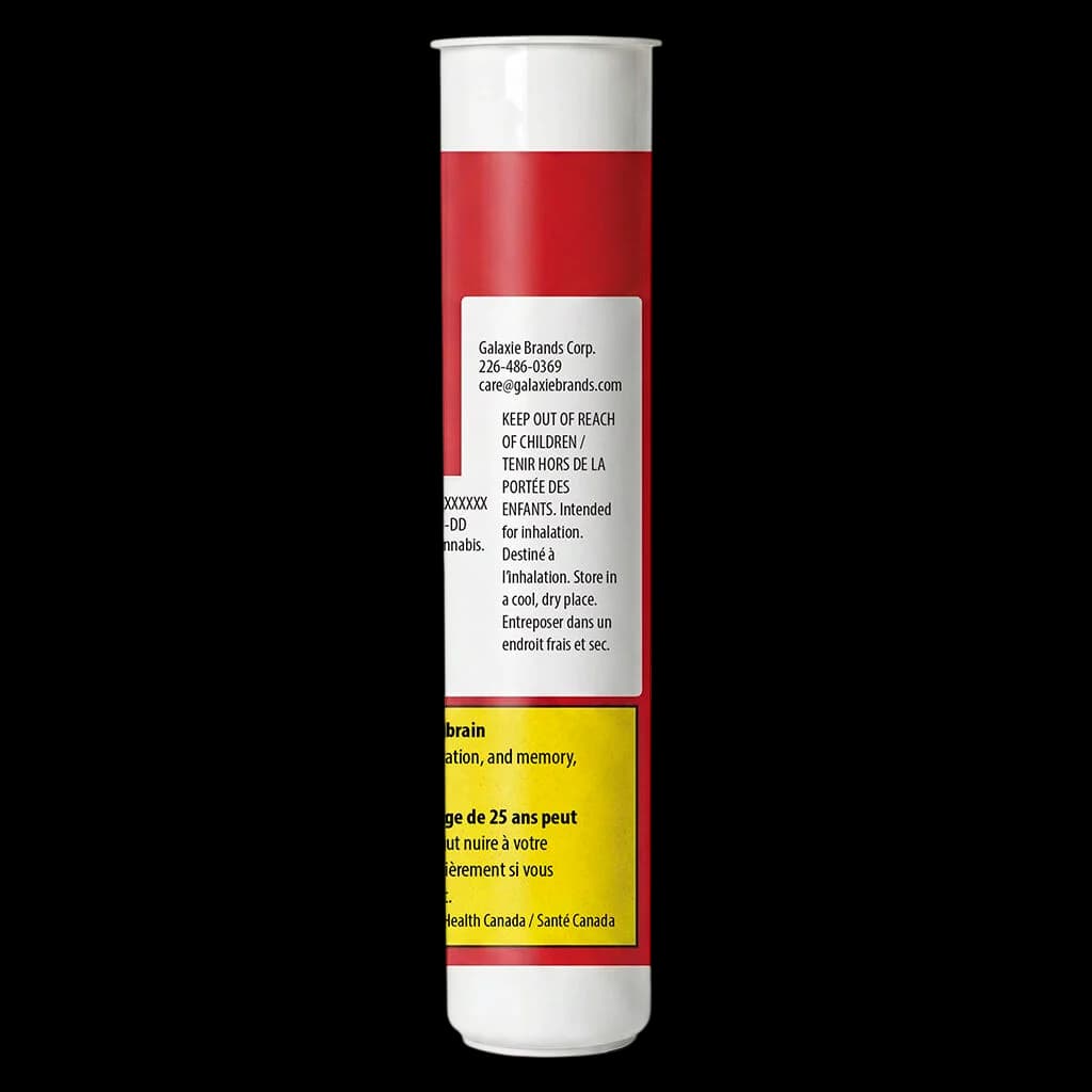 Paquet de pré-roulés Overtime Night Shift Indica, 4 x 0,5 g de joints, emballage rouge avec étiquetage de la teneur en THC