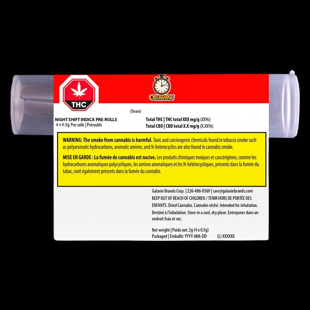 Pré-roulés Overtime Night Shift Indica, paquet de 4 x 0,5 g avec emballage rouge et blanc et tube à l'épreuve des enfants