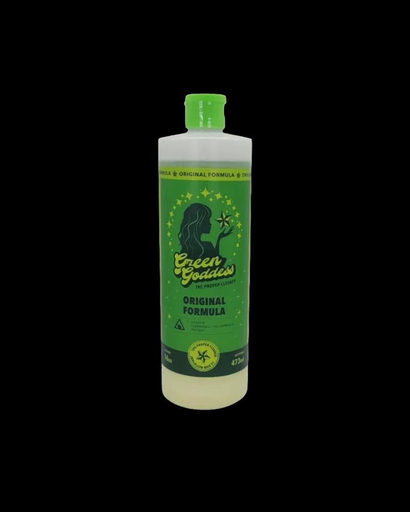 Green Goddess Original Formula pipe cleaner, 473ml bottle with green label and silhouette logo