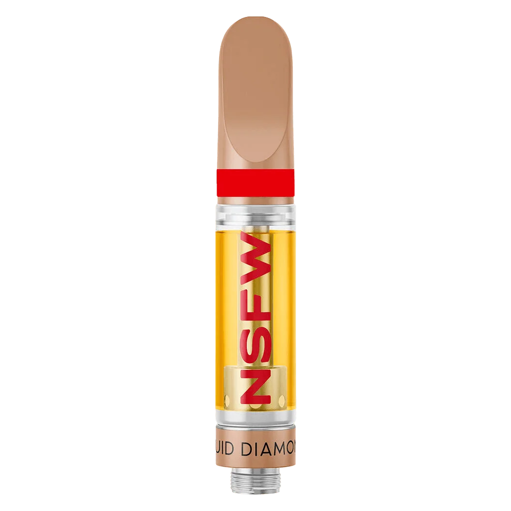 NSFW Liquid Diamond cannabis vape cartridge with red and gold packaging, 510 thread design
