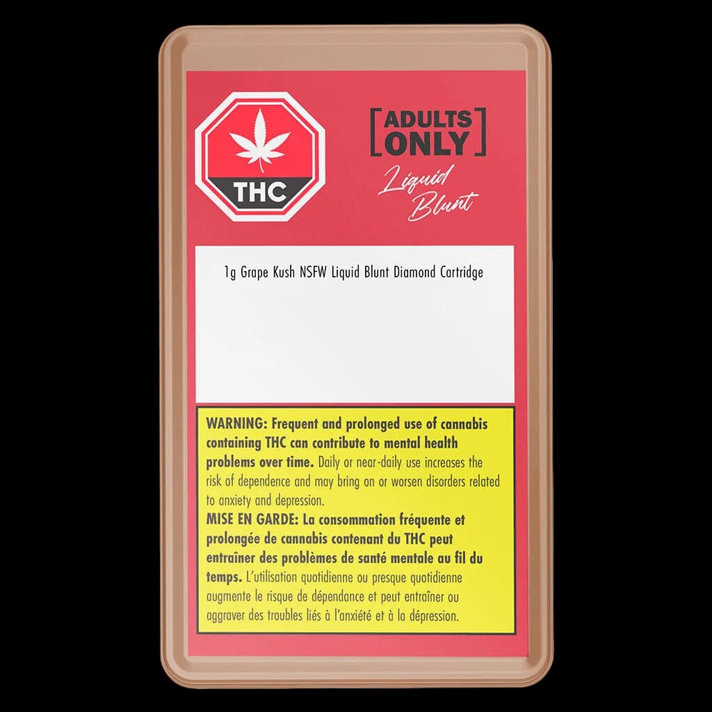 Adults Only Grape Kush NSFW 1g Liquid Blunt Diamond cannabis vape cartridge packaging with red front label and yellow Health Canada warning