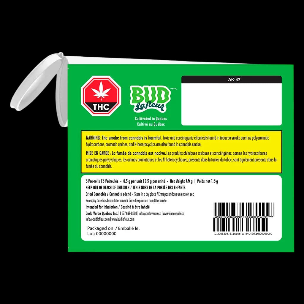 Bud Lafleur AK-47 pre-roll pack, 3-pack with 0.5g per unit, green packaging with red THC symbol