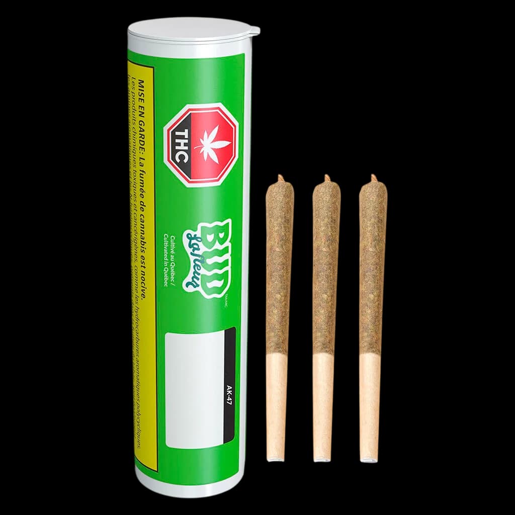 Bud Lafleur AK-47 pre-roll 3-pack with green packaging tube showing THC symbol and Bud Lafleur logo