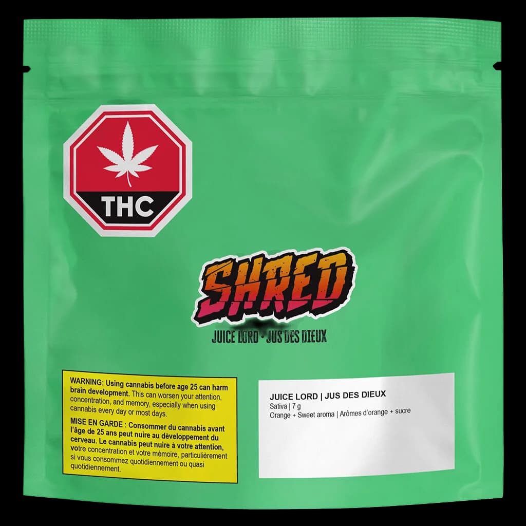 SHRED Juice Lord cannabis dried flower 7g pouch with THC warning symbol and orange sweet aroma notes