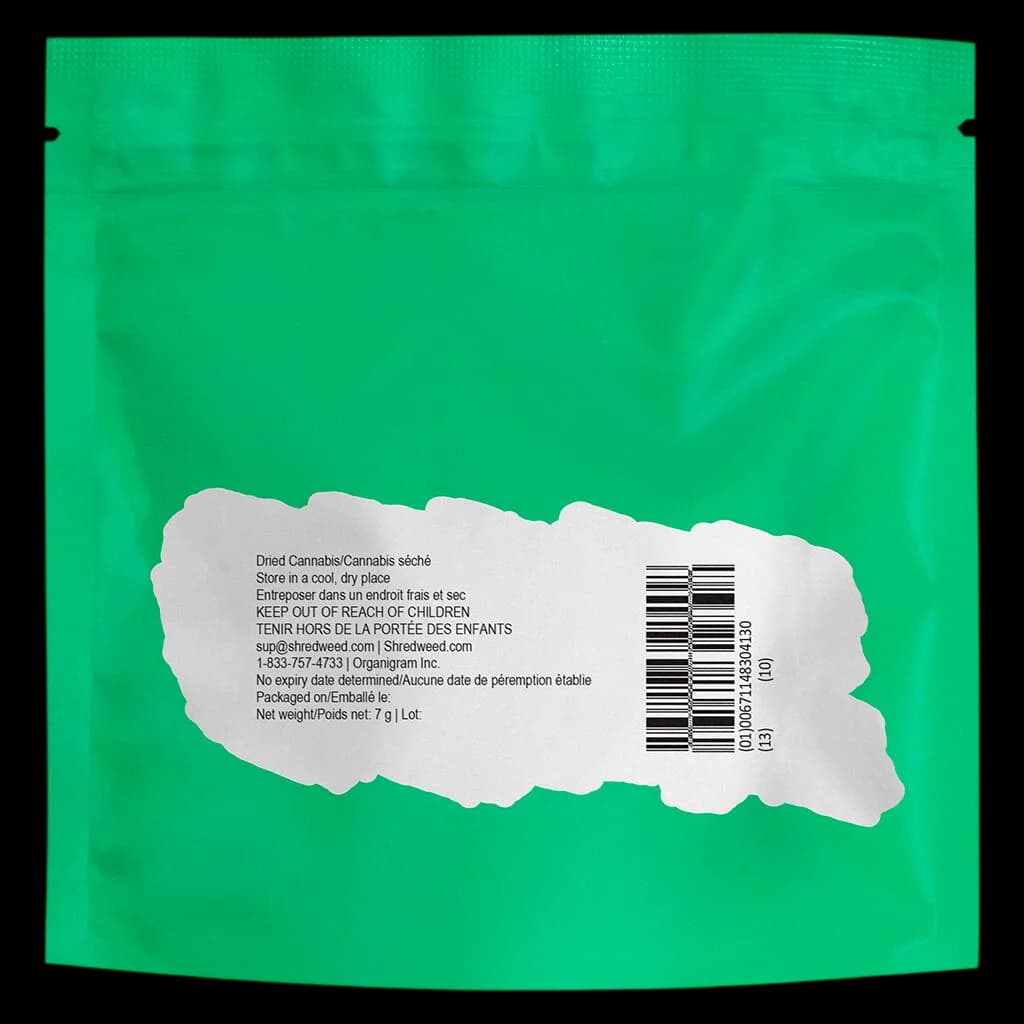 SHRED Juice Lord 7g cannabis dried flower pouch, bright green packaging with white label showing storage instructions and barcode