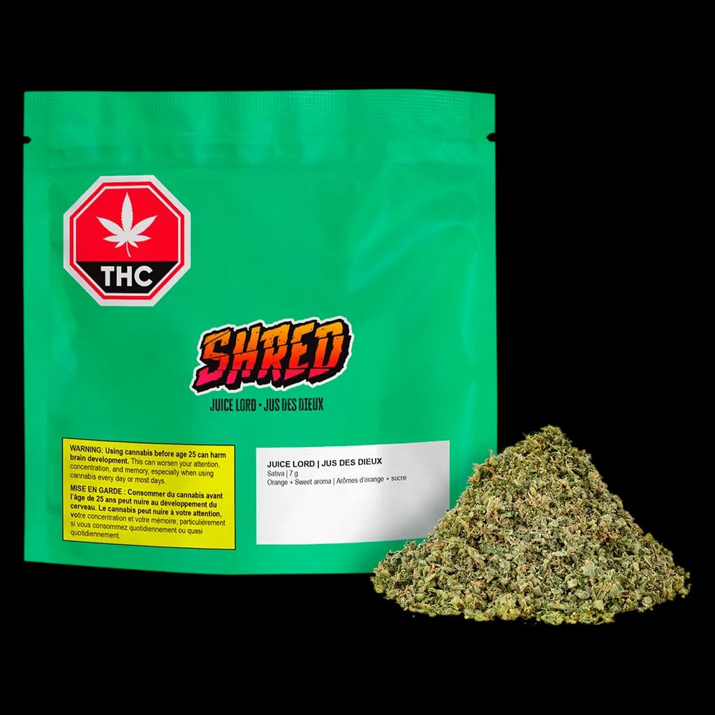 Shred Juice Lord 7g dried flower cannabis with green pouch packaging and visible product pile