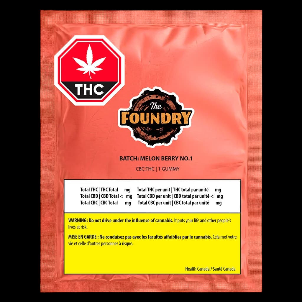 The Foundry Melon Berry No. 1 single gummy, CBC:THC formulation, red packaging with THC warning symbol and Health Canada advisory label